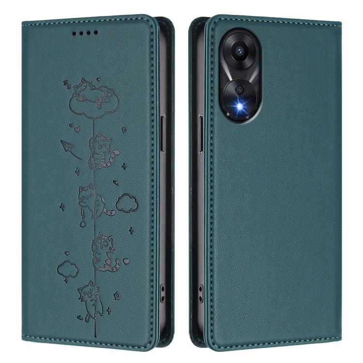 For OPPO A78 4G Global Cute Cats Embossed Magnetic RFID Vegan Leather Phone Case
