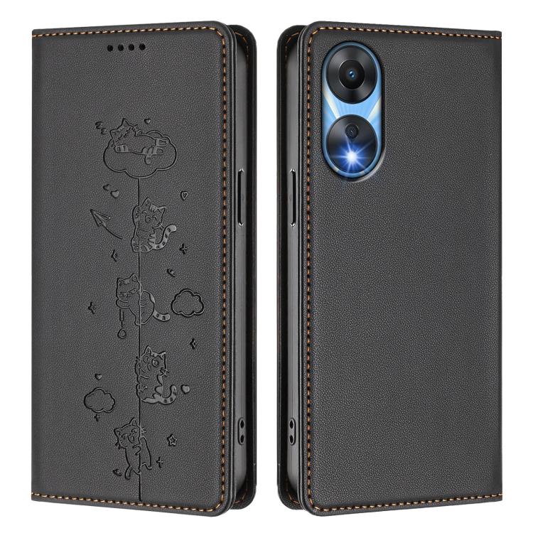 For OPPO A78 5G / A1x 5G Global Cute Cats Embossed Magnetic RFID Vegan Leather Phone Case