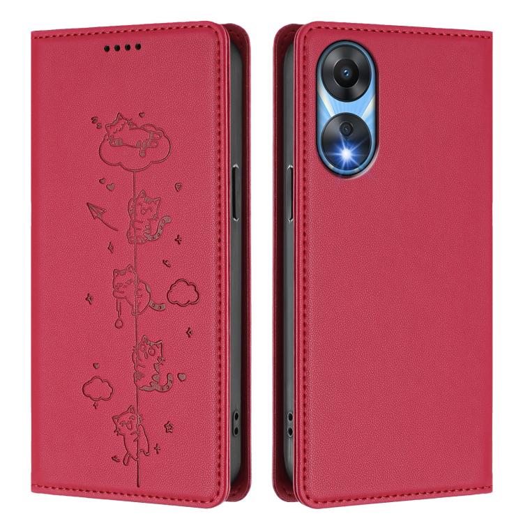 For OPPO A78 5G / A1x 5G Global Cute Cats Embossed Magnetic RFID Vegan Leather Phone Case