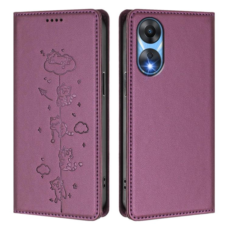 For OPPO A78 5G / A1x 5G Global Cute Cats Embossed Magnetic RFID Vegan Leather Phone Case