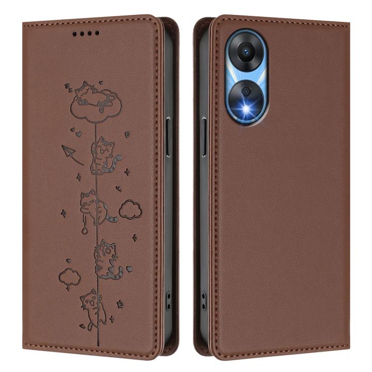 For OPPO A78 5G / A1x 5G Global Cute Cats Embossed Magnetic RFID Vegan Leather Phone Case