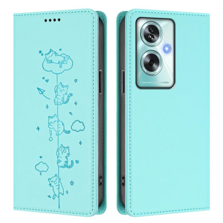 For OPPO A79 5G Global Cute Cats Embossed Magnetic RFID Vegan Leather Phone Case
