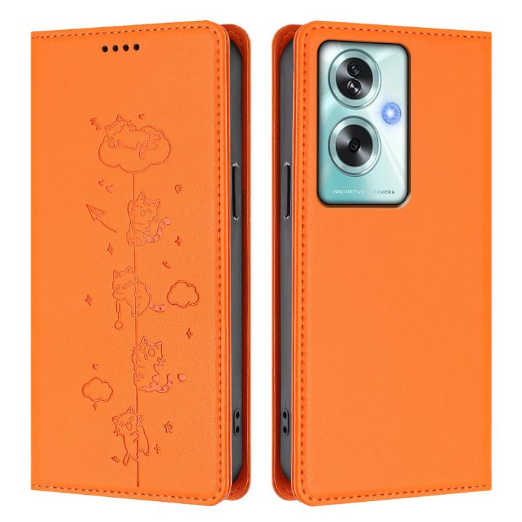 For OPPO A79 5G Global Cute Cats Embossed Magnetic RFID Vegan Leather Phone Case