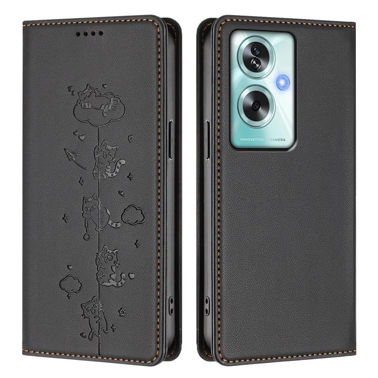 For OPPO A79 5G Global Cute Cats Embossed Magnetic RFID Vegan Leather Phone Case