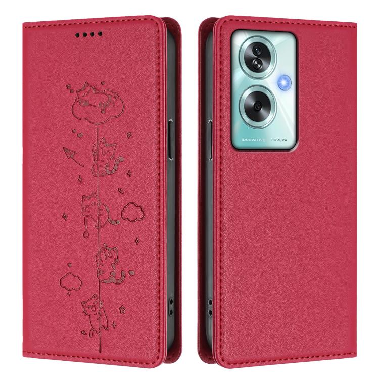 For OPPO A79 5G Global Cute Cats Embossed Magnetic RFID Vegan Leather Phone Case