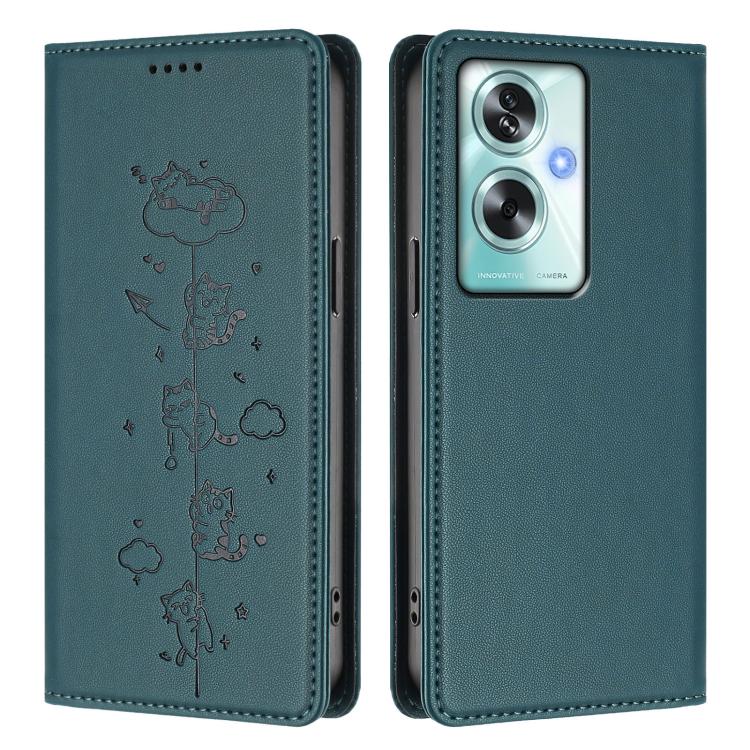 For OPPO A79 5G Global Cute Cats Embossed Magnetic RFID Vegan Leather Phone Case