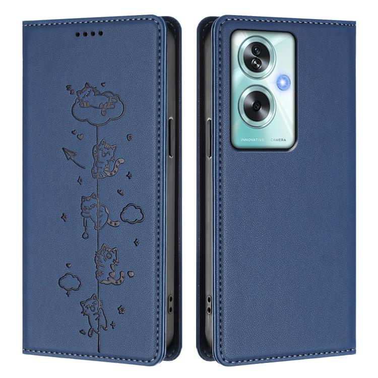 For OPPO A79 5G Global Cute Cats Embossed Magnetic RFID Vegan Leather Phone Case