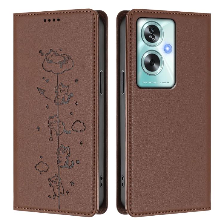 For OPPO A79 5G Global Cute Cats Embossed Magnetic RFID Vegan Leather Phone Case