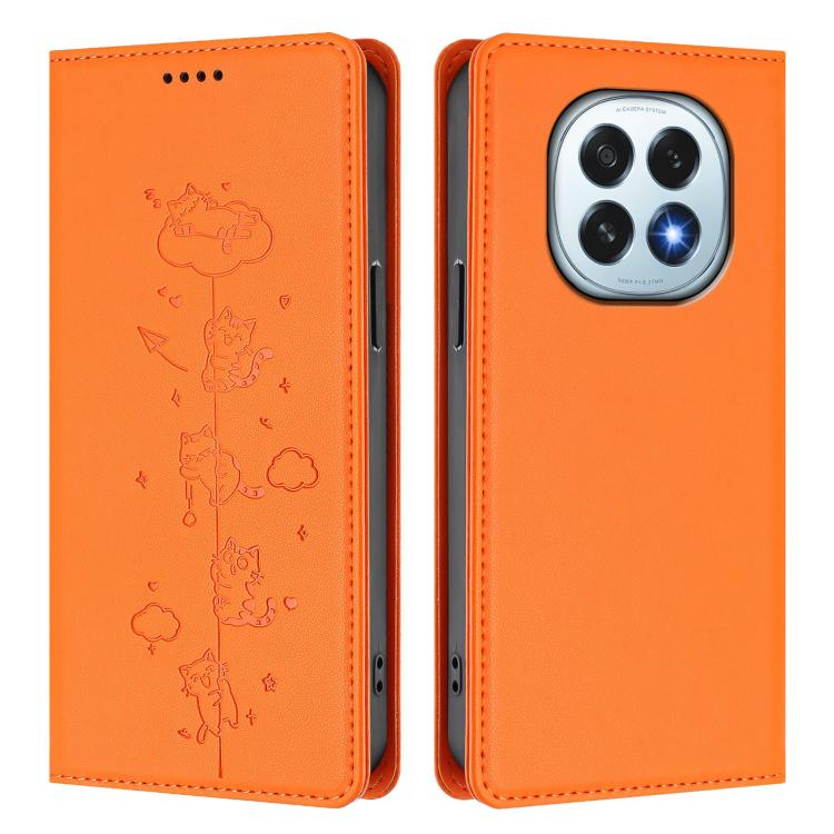 For OPPO F29 5G Global Cute Cats Embossed Magnetic RFID Vegan Leather Phone Case