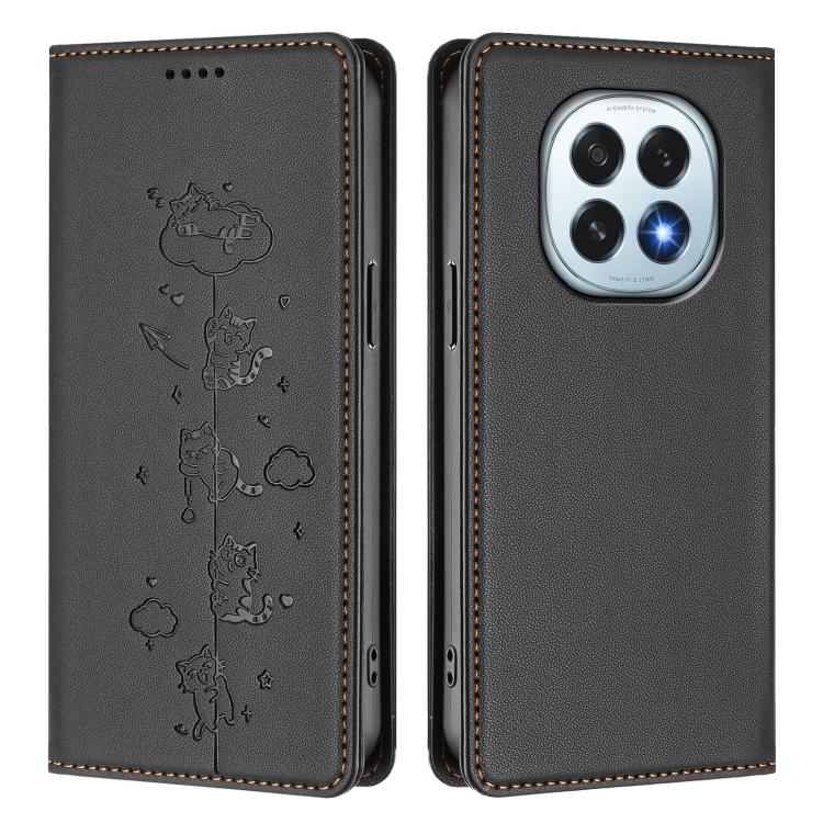 For OPPO F29 5G Global Cute Cats Embossed Magnetic RFID Vegan Leather Phone Case