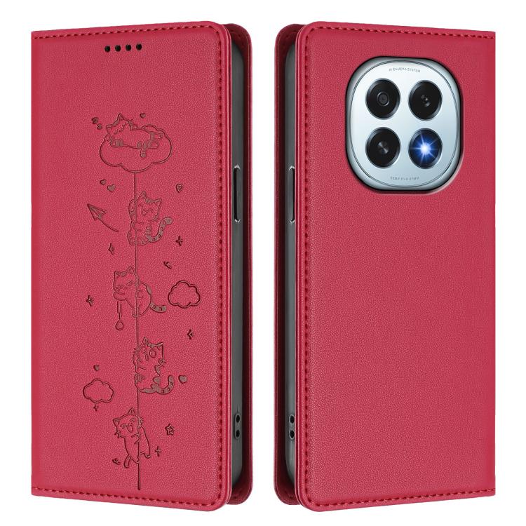 For OPPO F29 5G Global Cute Cats Embossed Magnetic RFID Vegan Leather Phone Case