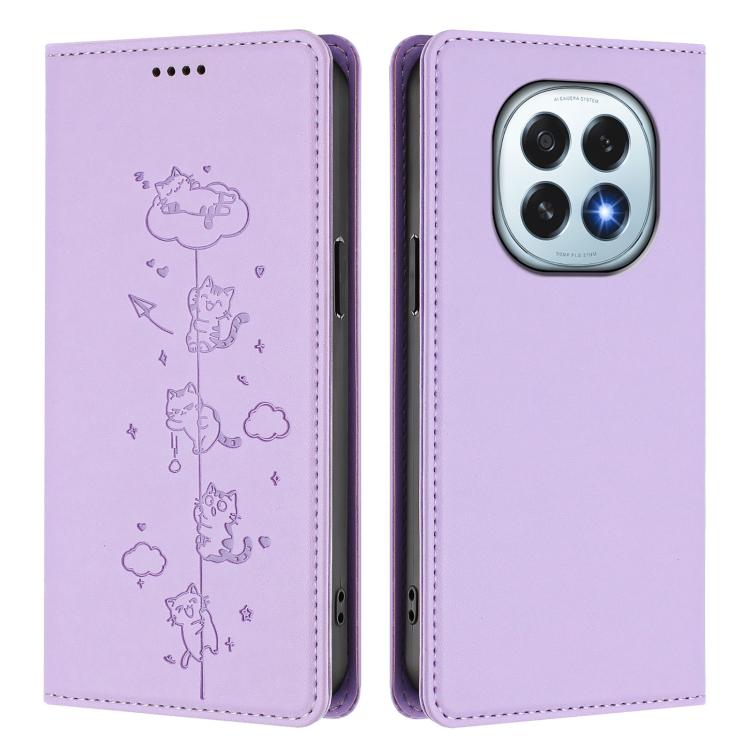 For OPPO F29 5G Global Cute Cats Embossed Magnetic RFID Vegan Leather Phone Case