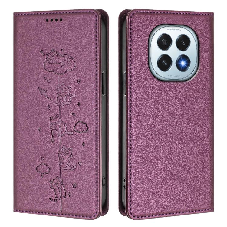 For OPPO F29 5G Global Cute Cats Embossed Magnetic RFID Vegan Leather Phone Case