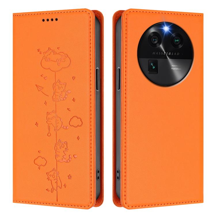 For OPPO Find X6 5G Cute Cats Embossed Magnetic RFID Vegan Leather Phone Case