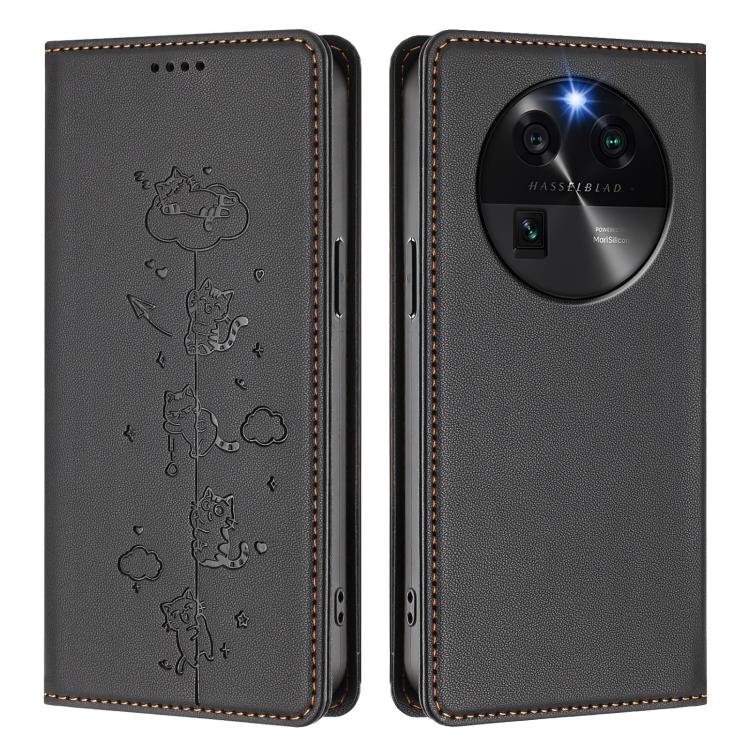 For OPPO Find X6 5G Cute Cats Embossed Magnetic RFID Vegan Leather Phone Case