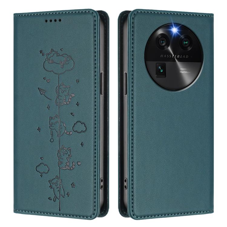 For OPPO Find X6 5G Cute Cats Embossed Magnetic RFID Vegan Leather Phone Case