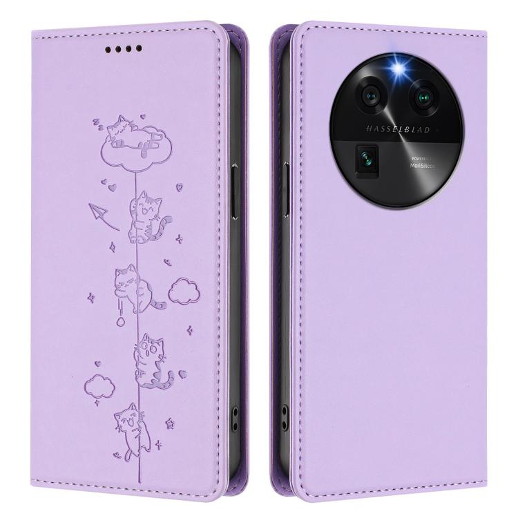 For OPPO Find X6 5G Cute Cats Embossed Magnetic RFID Vegan Leather Phone Case