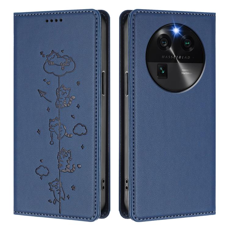 For OPPO Find X6 5G Cute Cats Embossed Magnetic RFID Vegan Leather Phone Case