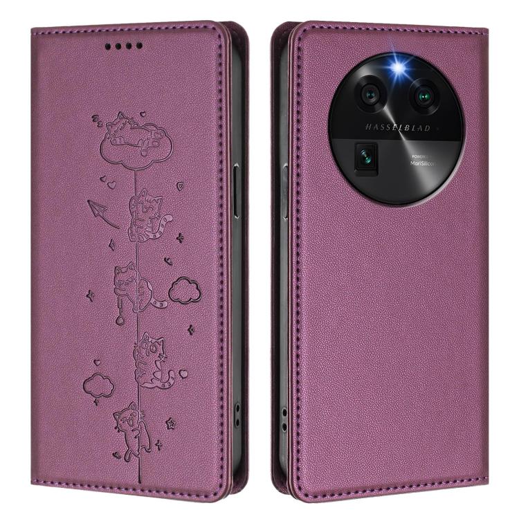 For OPPO Find X6 5G Cute Cats Embossed Magnetic RFID Vegan Leather Phone Case