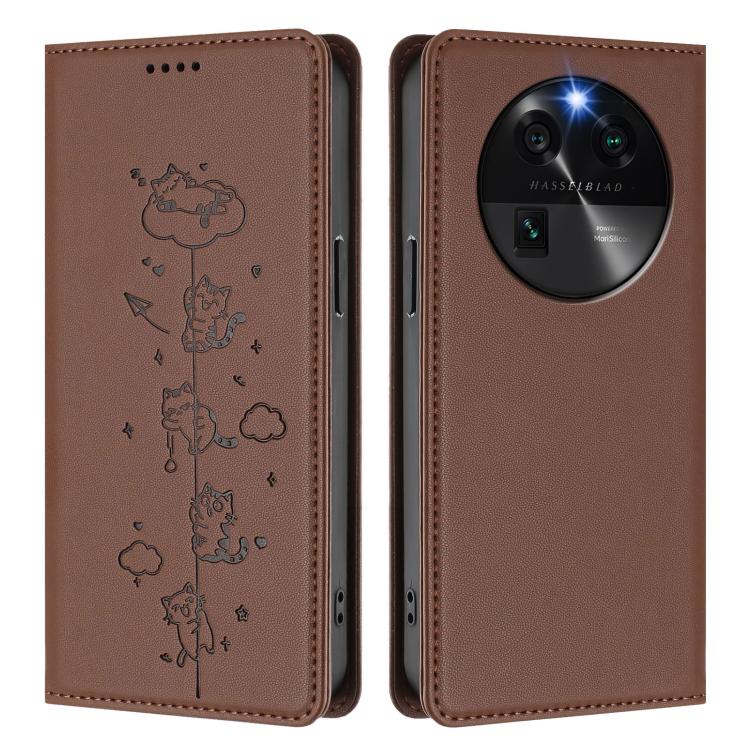 For OPPO Find X6 5G Cute Cats Embossed Magnetic RFID Vegan Leather Phone Case