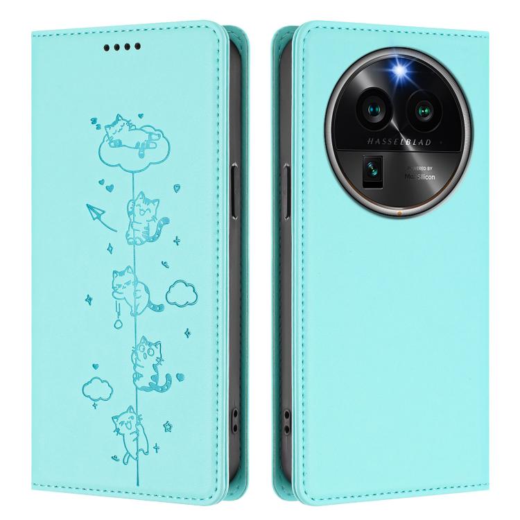 For OPPO Find X6 Pro 5G Cute Cats Embossed Magnetic RFID Vegan Leather Phone Case