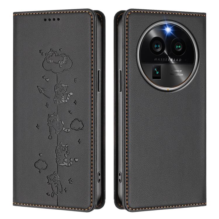 For OPPO Find X6 Pro 5G Cute Cats Embossed Magnetic RFID Vegan Leather Phone Case