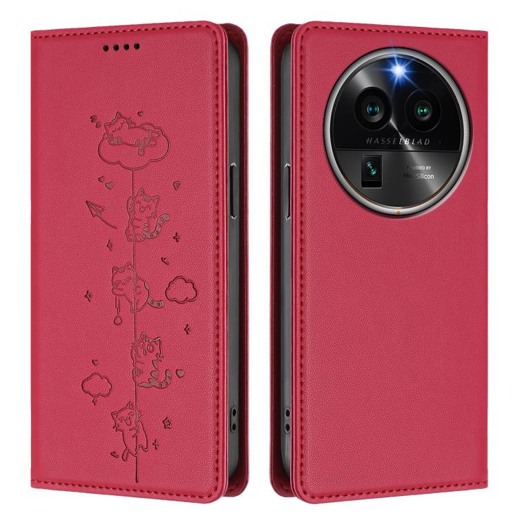 For OPPO Find X6 Pro 5G Cute Cats Embossed Magnetic RFID Vegan Leather Phone Case