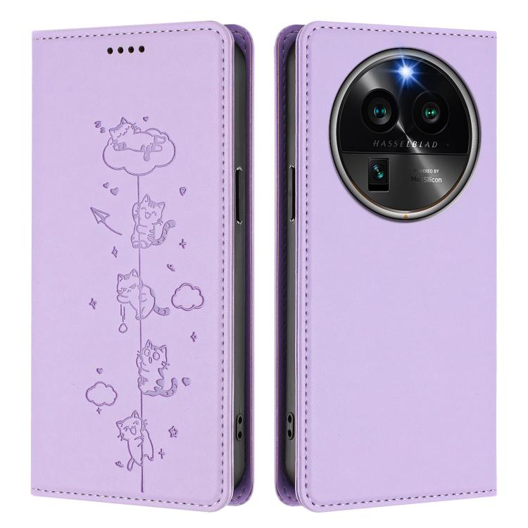 For OPPO Find X6 Pro 5G Cute Cats Embossed Magnetic RFID Vegan Leather Phone Case