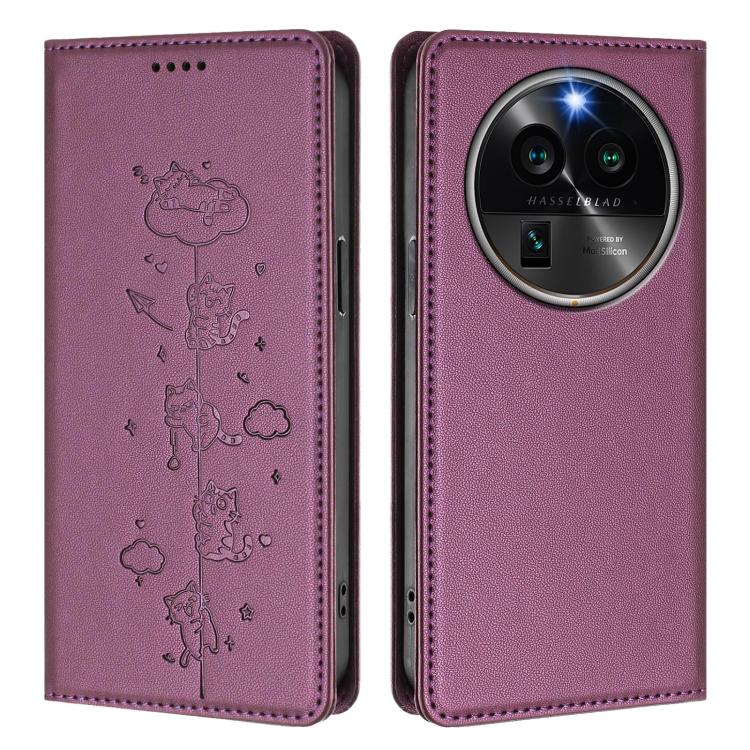 For OPPO Find X6 Pro 5G Cute Cats Embossed Magnetic RFID Vegan Leather Phone Case