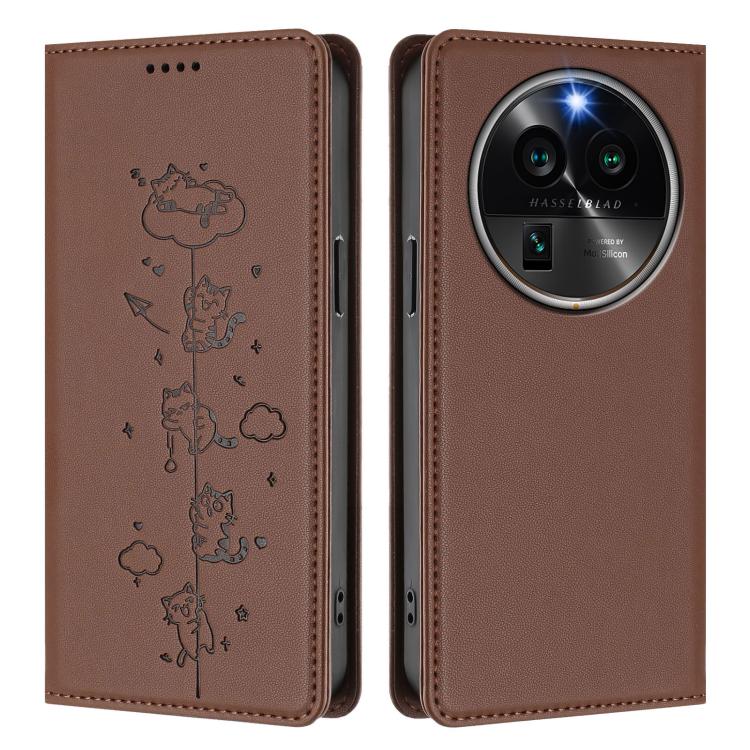 For OPPO Find X6 Pro 5G Cute Cats Embossed Magnetic RFID Vegan Leather Phone Case