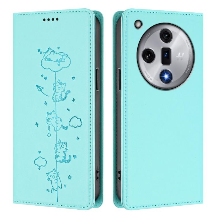 For OPPO Find X7 Cute Cats Embossed Magnetic RFID Vegan Leather Phone Case