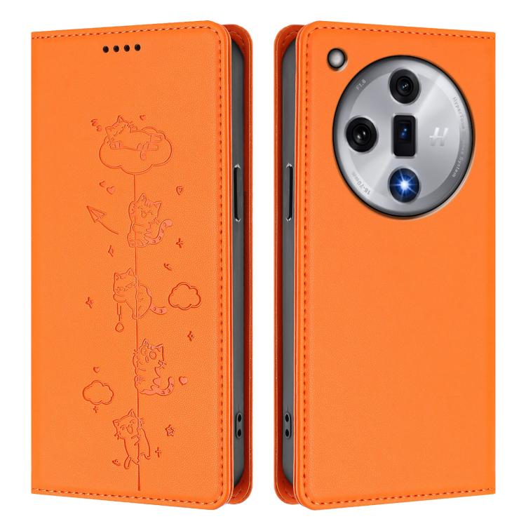 For OPPO Find X7 Cute Cats Embossed Magnetic RFID Vegan Leather Phone Case