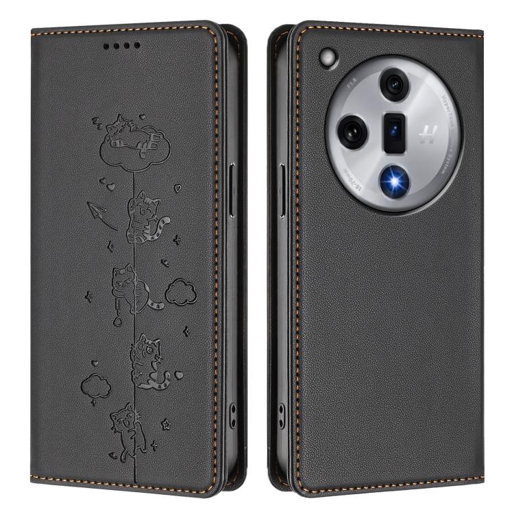 For OPPO Find X7 Cute Cats Embossed Magnetic RFID Vegan Leather Phone Case