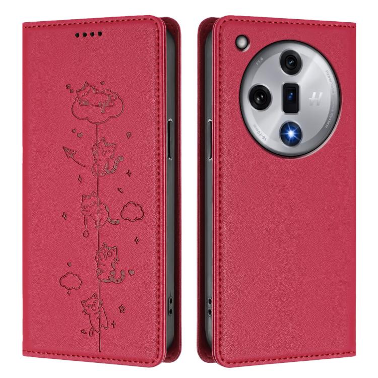 For OPPO Find X7 Cute Cats Embossed Magnetic RFID Vegan Leather Phone Case