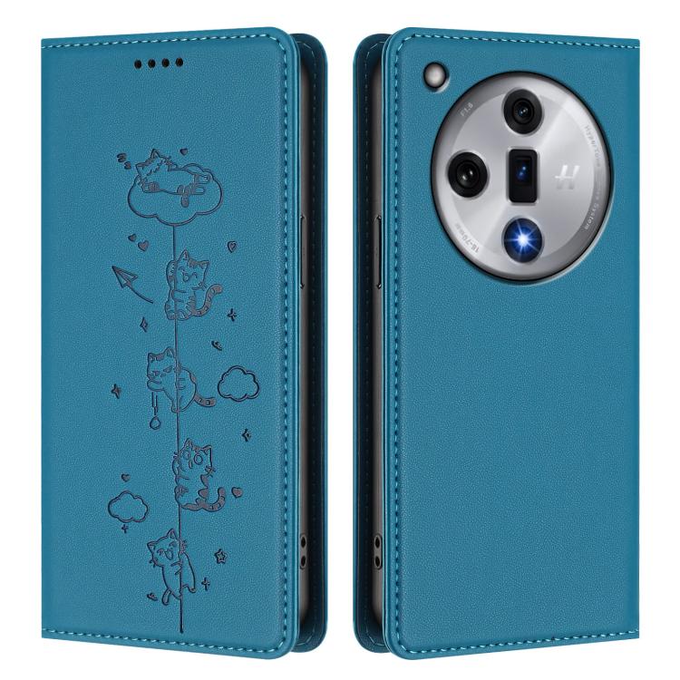 For OPPO Find X7 Cute Cats Embossed Magnetic RFID Vegan Leather Phone Case