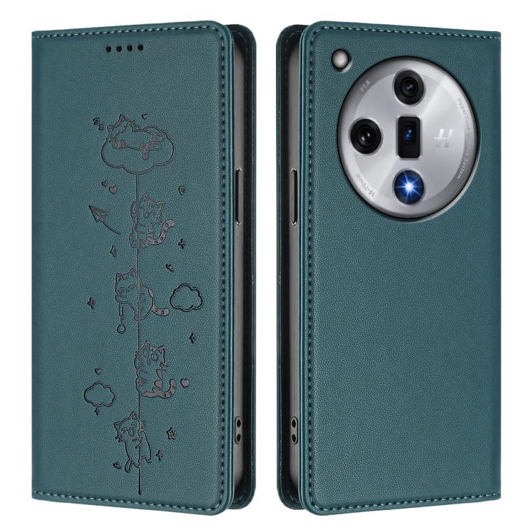 For OPPO Find X7 Cute Cats Embossed Magnetic RFID Vegan Leather Phone Case