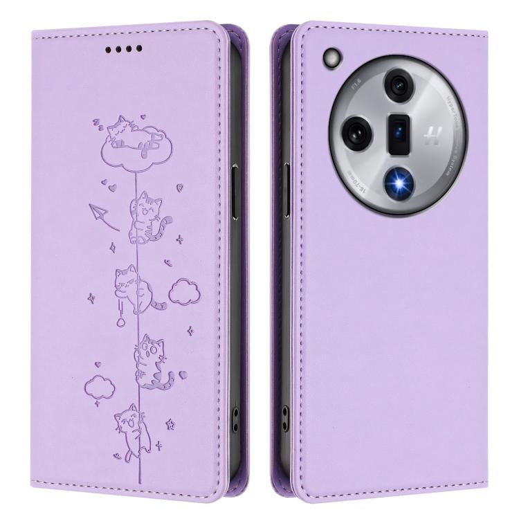 For OPPO Find X7 Cute Cats Embossed Magnetic RFID Vegan Leather Phone Case
