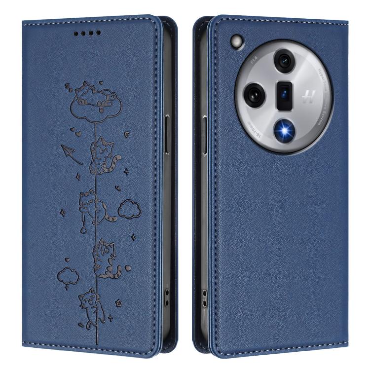 For OPPO Find X7 Cute Cats Embossed Magnetic RFID Vegan Leather Phone Case