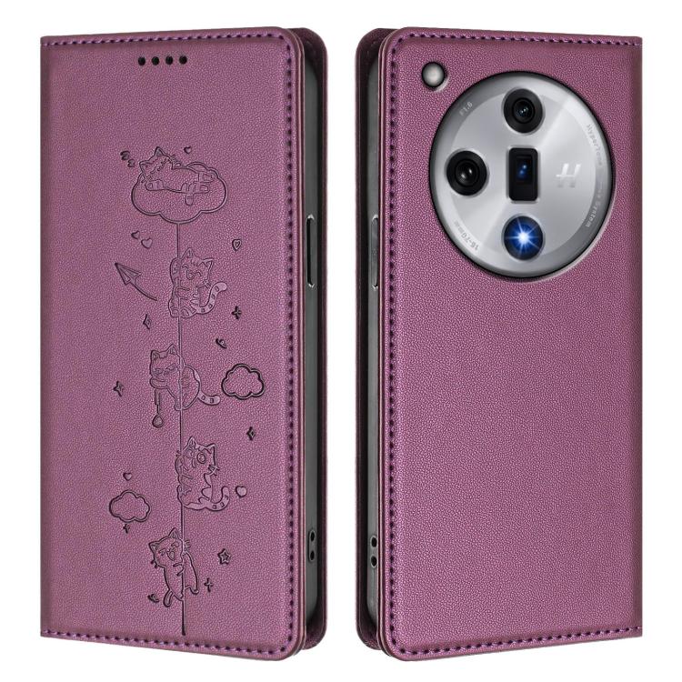 For OPPO Find X7 Cute Cats Embossed Magnetic RFID Vegan Leather Phone Case