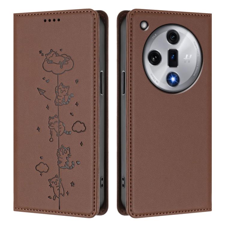 For OPPO Find X7 Cute Cats Embossed Magnetic RFID Vegan Leather Phone Case
