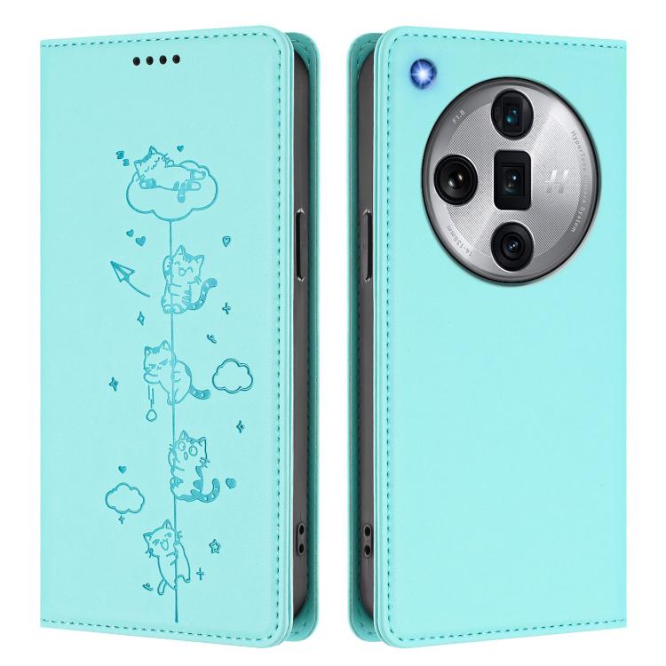 For OPPO Find X7 Ultra Cute Cats Embossed Magnetic RFID Vegan Leather Phone Case