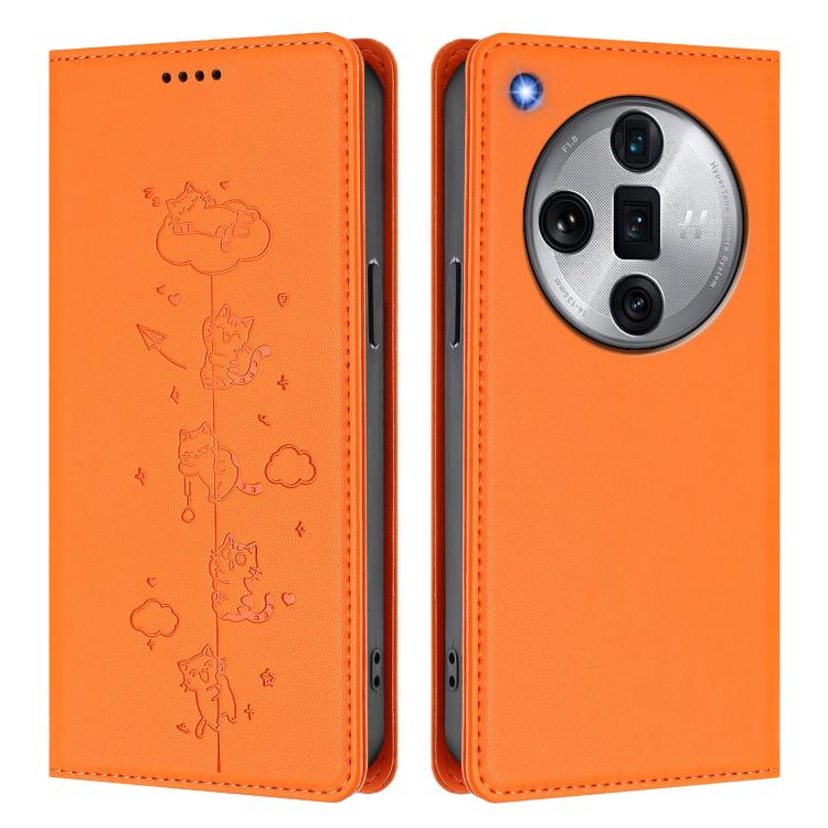 For OPPO Find X7 Ultra Cute Cats Embossed Magnetic RFID Vegan Leather Phone Case