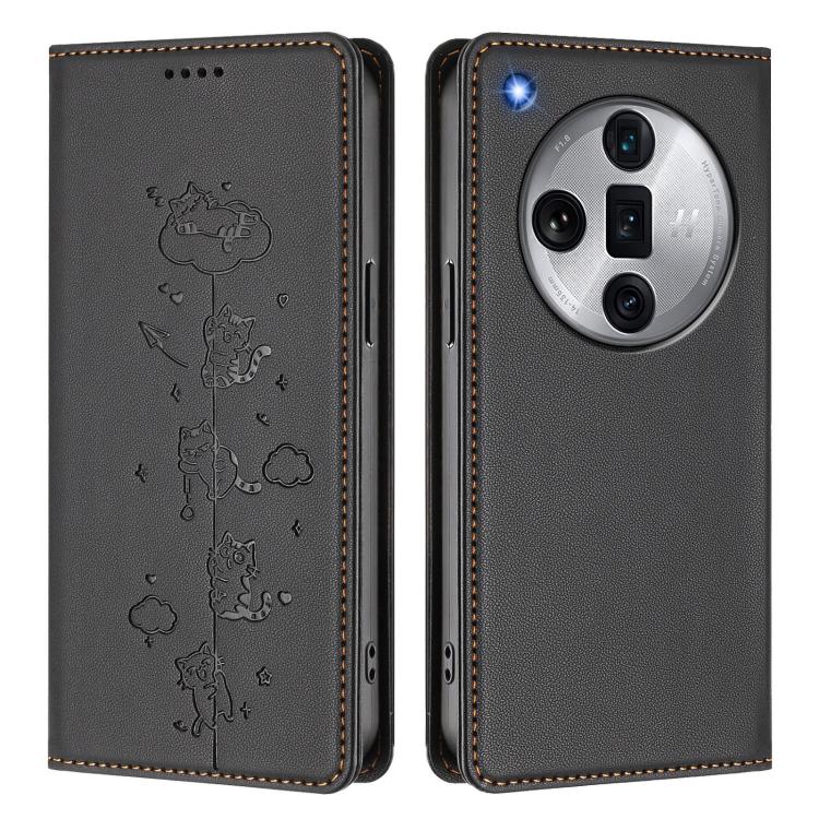 For OPPO Find X7 Ultra Cute Cats Embossed Magnetic RFID Vegan Leather Phone Case