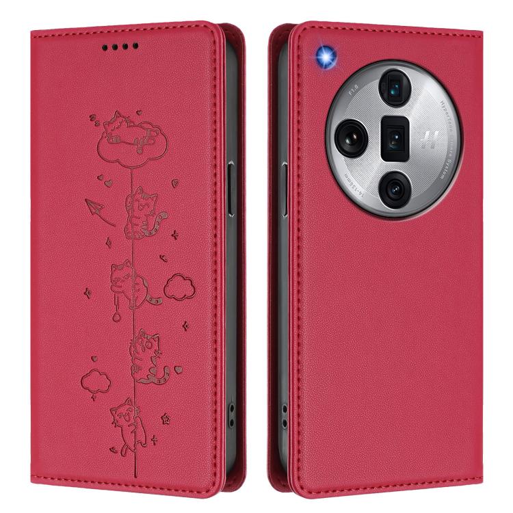 For OPPO Find X7 Ultra Cute Cats Embossed Magnetic RFID Vegan Leather Phone Case