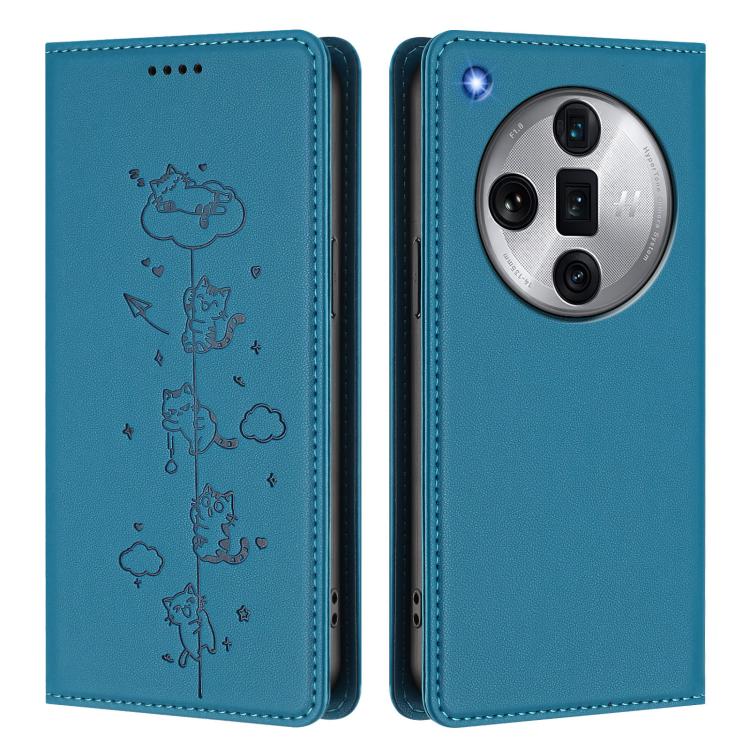 For OPPO Find X7 Ultra Cute Cats Embossed Magnetic RFID Vegan Leather Phone Case