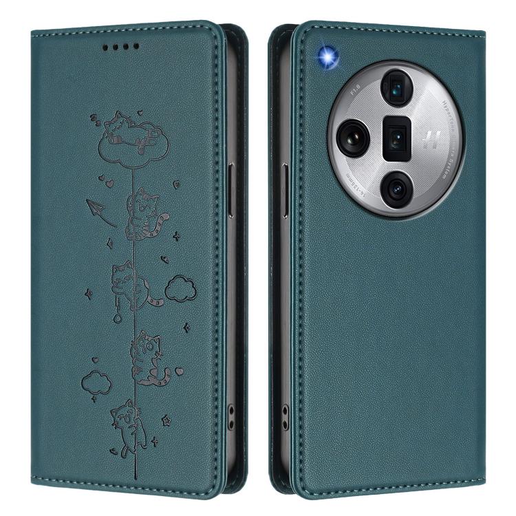 For OPPO Find X7 Ultra Cute Cats Embossed Magnetic RFID Vegan Leather Phone Case