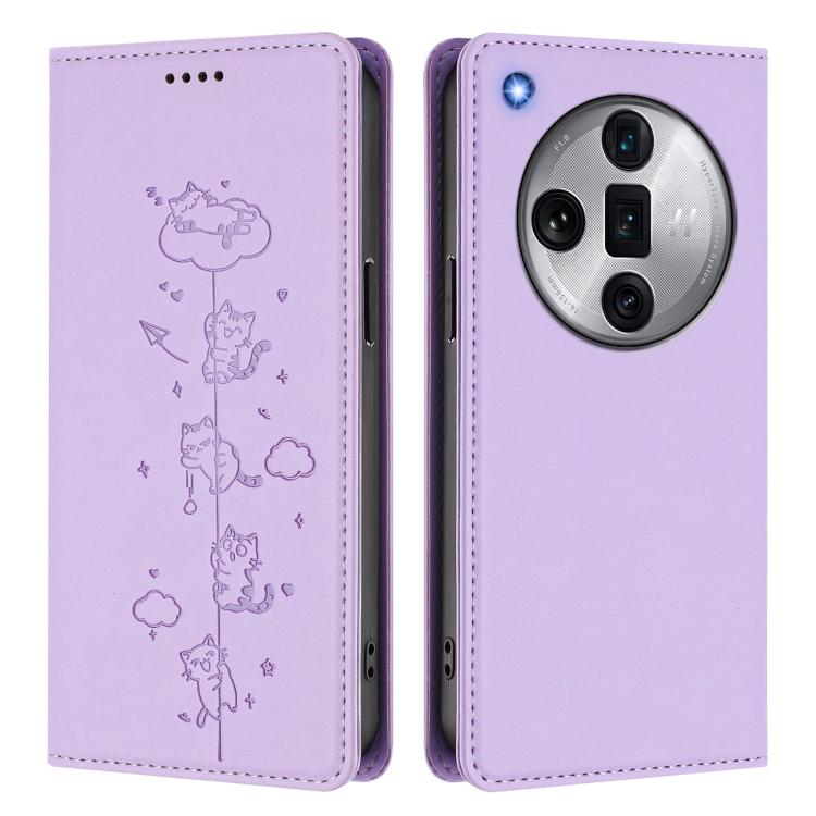For OPPO Find X7 Ultra Cute Cats Embossed Magnetic RFID Vegan Leather Phone Case