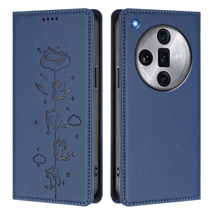 For OPPO Find X7 Ultra Cute Cats Embossed Magnetic RFID Vegan Leather Phone Case