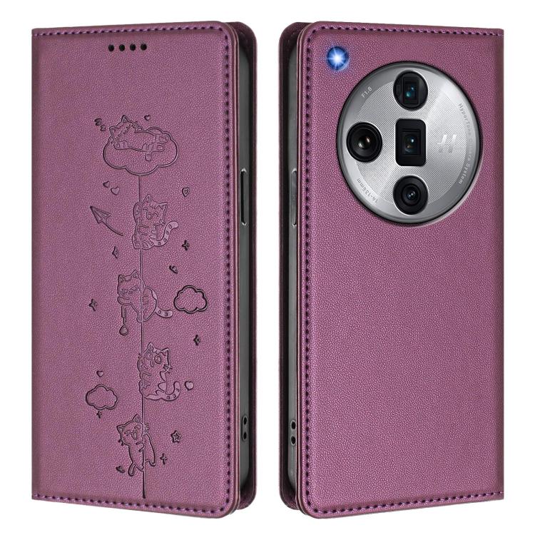 For OPPO Find X7 Ultra Cute Cats Embossed Magnetic RFID Vegan Leather Phone Case
