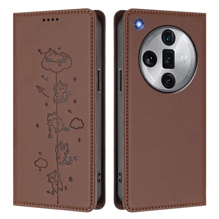 For OPPO Find X7 Ultra Cute Cats Embossed Magnetic RFID Vegan Leather Phone Case